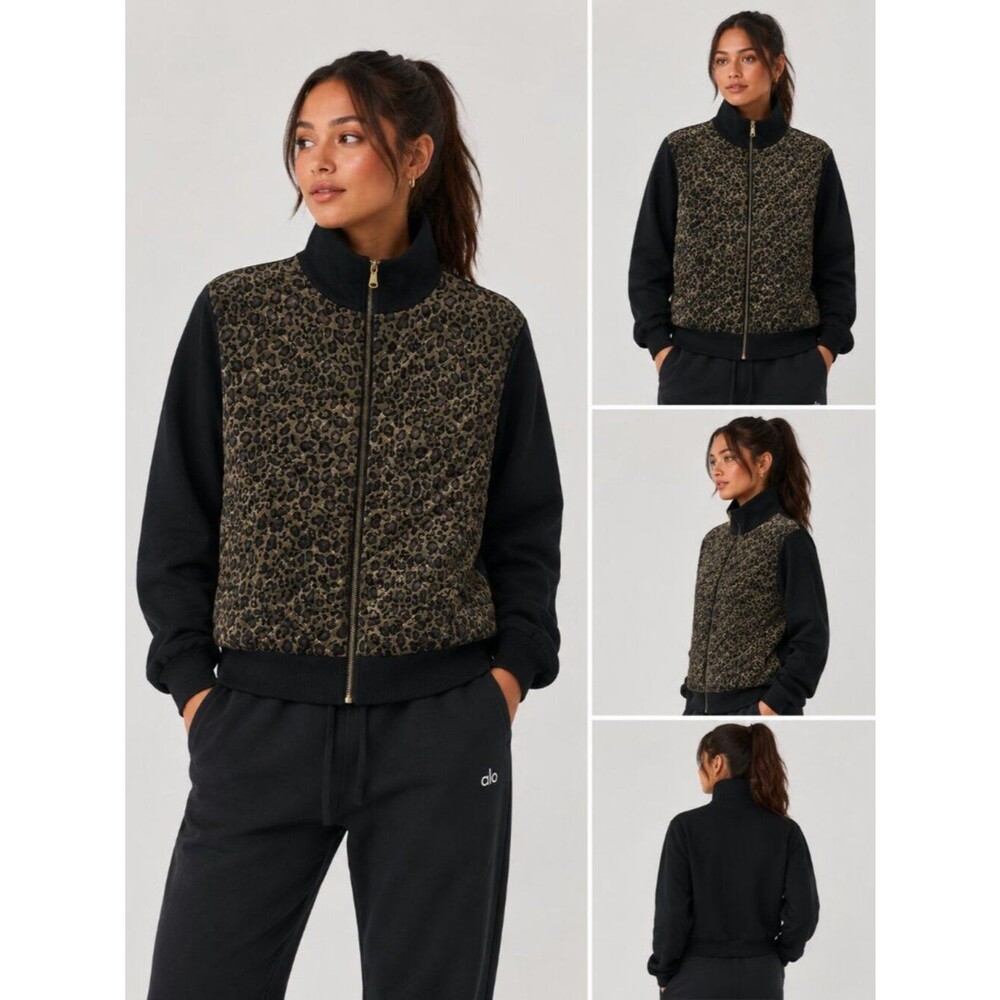 Lauren Ralph Lauren Leopard Print Quilted Velvet Wool Silk Blend Sweater Jacket